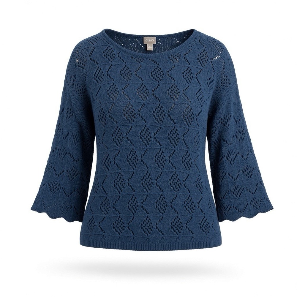Chicos Blue Open Knit Laced Pullover Sweater Womens Size 3 XL XXL Relaxed Fit